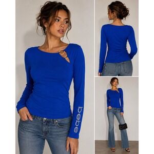 Bebe Blue Ring Cutout Top Size L Y2K Long Sleeve Stretch Going Out